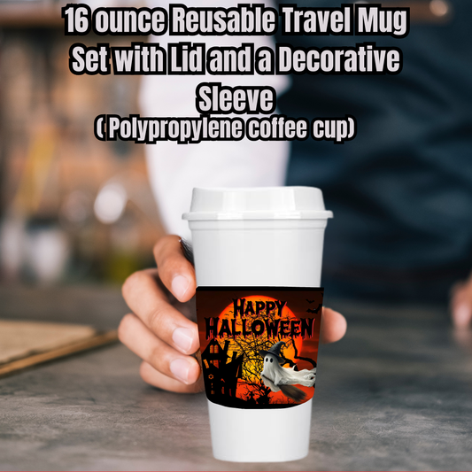 Haunted Brew Halloween Travel Mug Set – 16oz Reusable Cup with Decorative Sleeve (White or Black)
