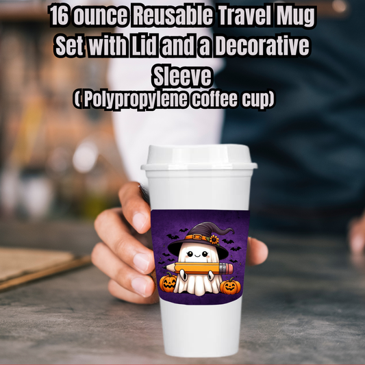 Haunted Harvest Ghost Mug Collection – 16oz Reusable Travel Cups with Decorative Sleeves