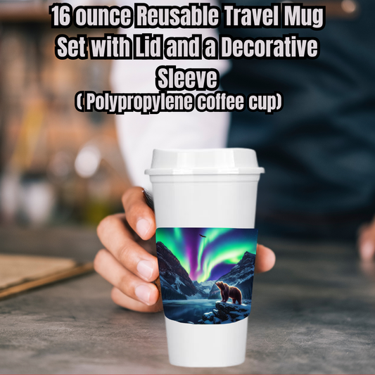 Aurora Ridge Bear 16oz Reusable Travel Mug Set (White or Black) — Cup, Lid + Decorative Sleeve