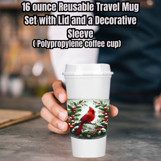 Cardinal Holiday Travel Mug Set – 16oz Reusable Coffee Cup with Lid & Decorative Sleeve