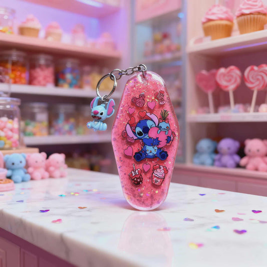 ✨ Stitch-Inspired Pink Glitter Resin Keychain – Handmade with UVDTF Art Magic ✨