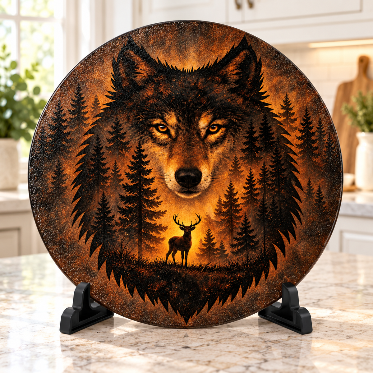 Amber Wilderness Wolf 11.8-Inch Round Glass Cutting Board