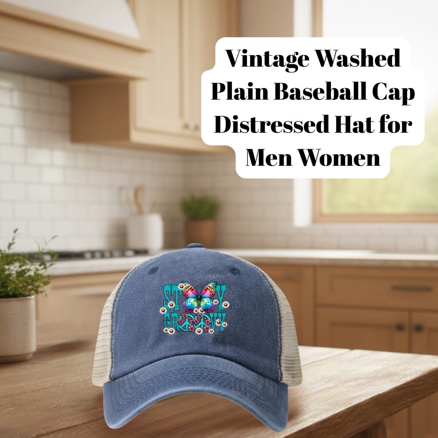 Vintage Washed Distressed Baseball Cap – Denim Blue | Unisex Adjustable Mesh Back Hat with “Stay Groovy” DTF Patch