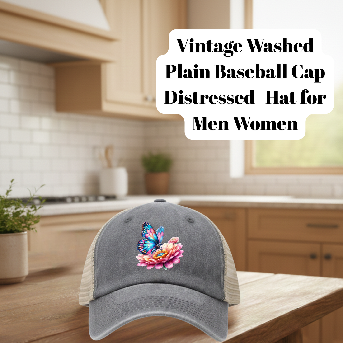 Vintage Washed Gray Distressed Butterfly Floral Baseball Cap – 80% Polyester, 20% Cotton Trucker Hat with DTF Patch for Men & Women