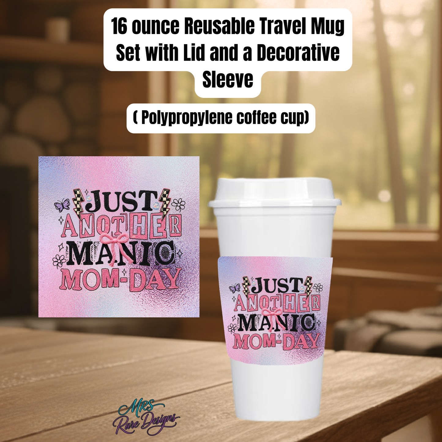 Just Another Manic Mom-Day Pink Bow Design 16oz Reusable Travel Mug with Lid & Decorative Sleeve