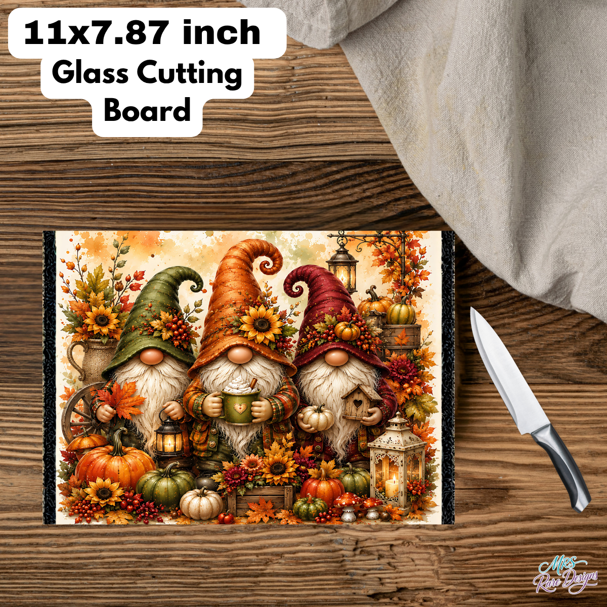 Autumn Gnomes Harvest Glass Cutting Board