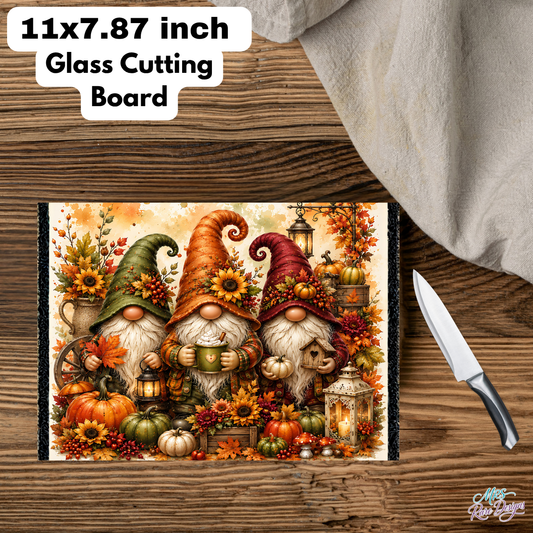 Autumn Gnomes Harvest Glass Cutting Board