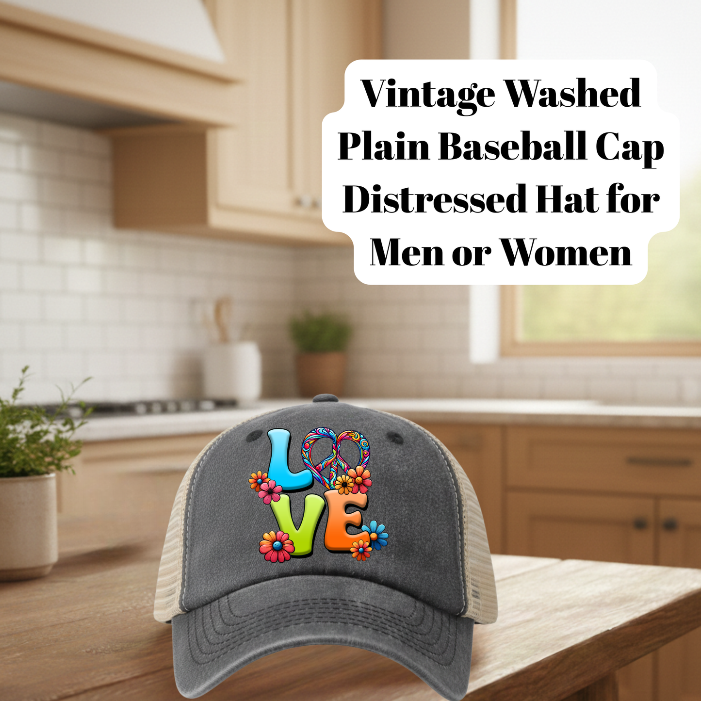 Vintage Washed Distressed Baseball Cap Collection – Charcoal Gray | Unisex 80% Polyester 20% Cotton Adjustable Mesh Back Hats with DTF Patch Designs – Stay Groovy, Love, and Peace Love Hippie Soul