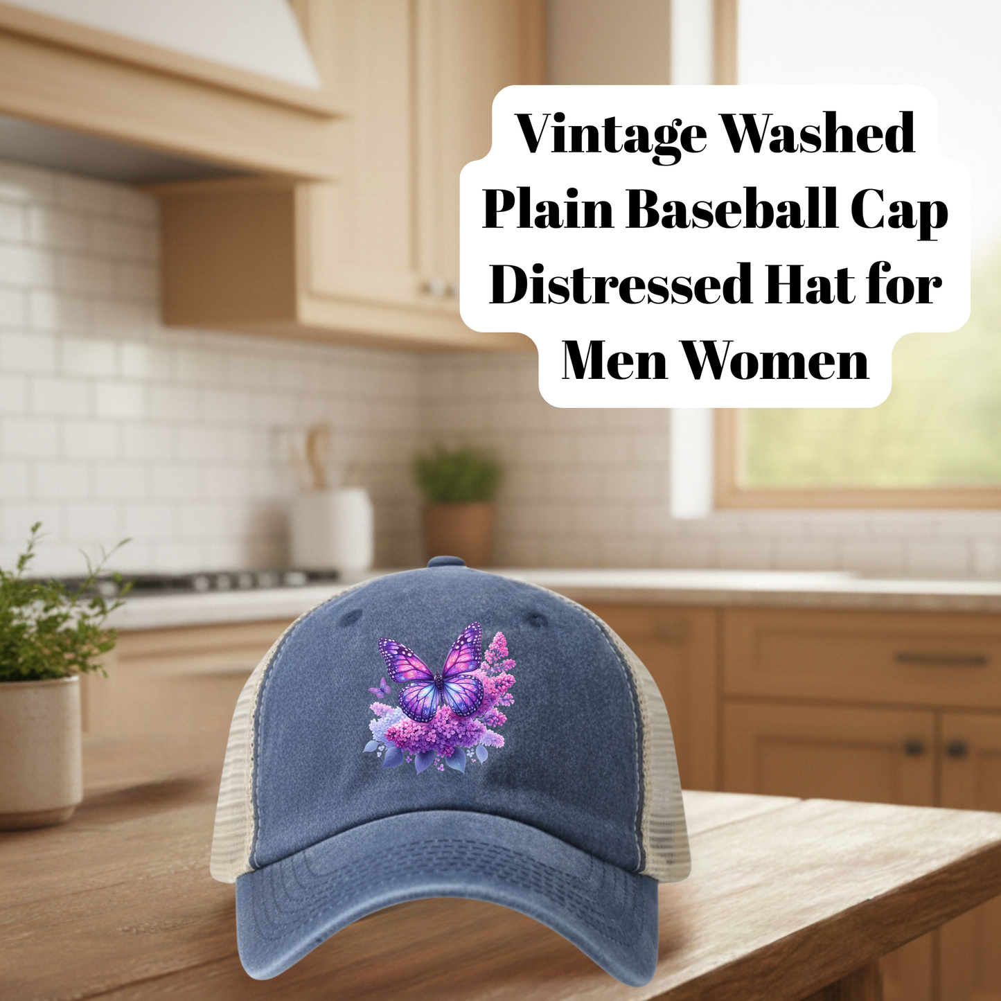 Vintage Washed Blue Distressed Butterfly Floral Baseball Cap – 80% Polyester 20% Cotton Trucker Hat with DTF Patch for Men & Women