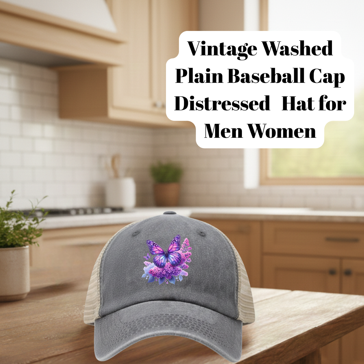 Vintage Washed Gray Distressed Butterfly Floral Baseball Cap – 80% Polyester, 20% Cotton Trucker Hat with DTF Patch for Men & Women