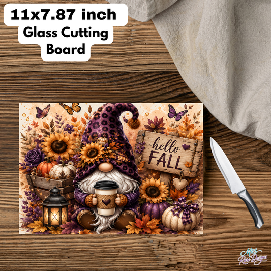 Purple Leopard Print Gnome "Hello Fall" Glass Cutting Board