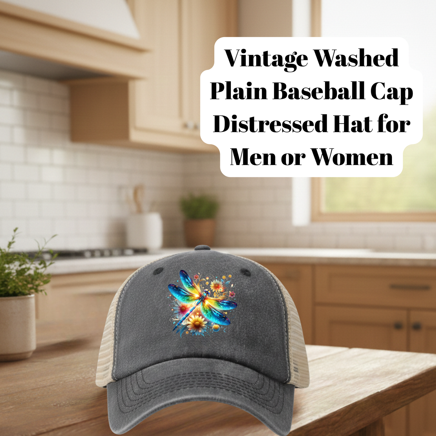 Vintage Dragonfly DTF Washed Trucker Hat – Distressed Mesh Back Baseball Cap for Men & Women (80% Polyester / 20% Cotton)
