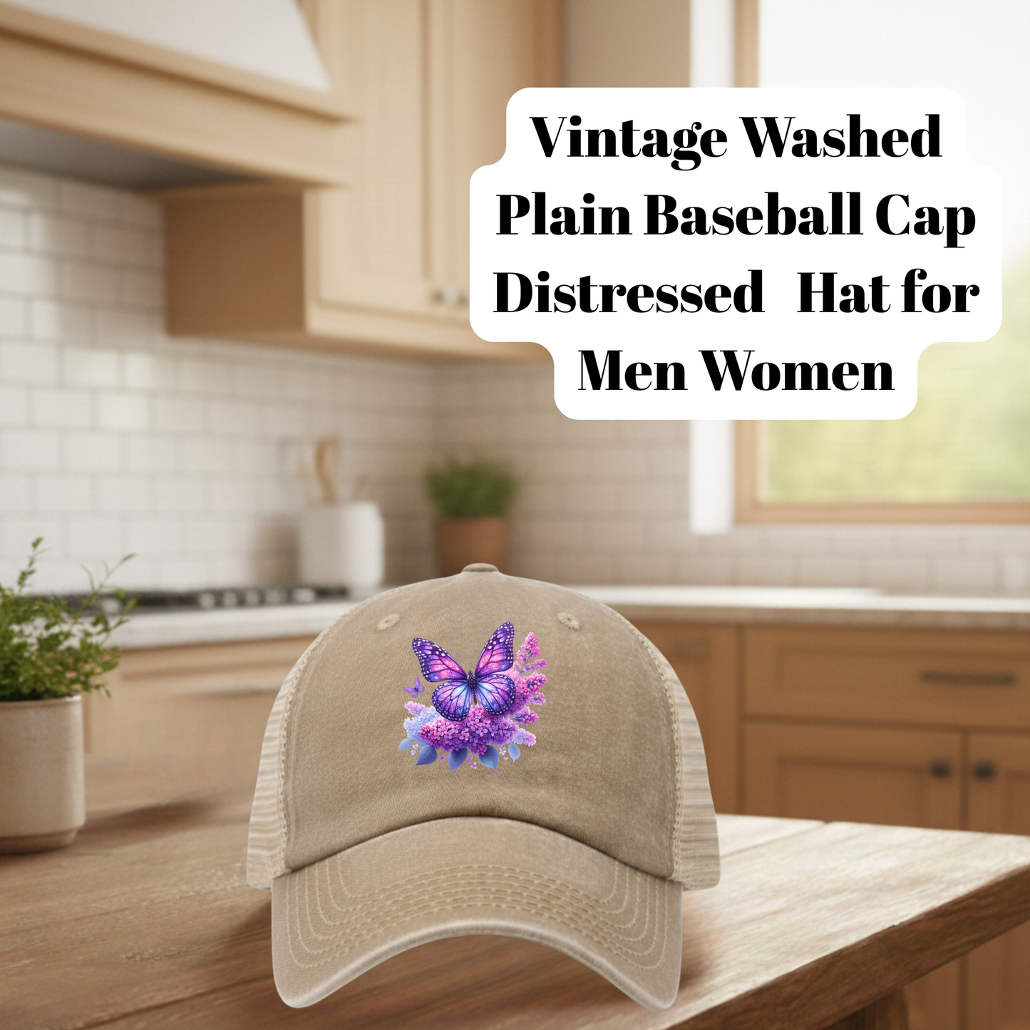 Tan Vintage Washed Distressed Butterfly Floral Baseball Cap – Mesh Trucker Hat for Men & Women (80% Polyester, 20% Cotton, DTF Patch)