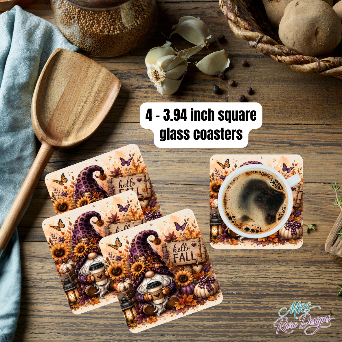 Purple Leopard Print "Hello Fall" Glass Coaster Set (Set of 4)