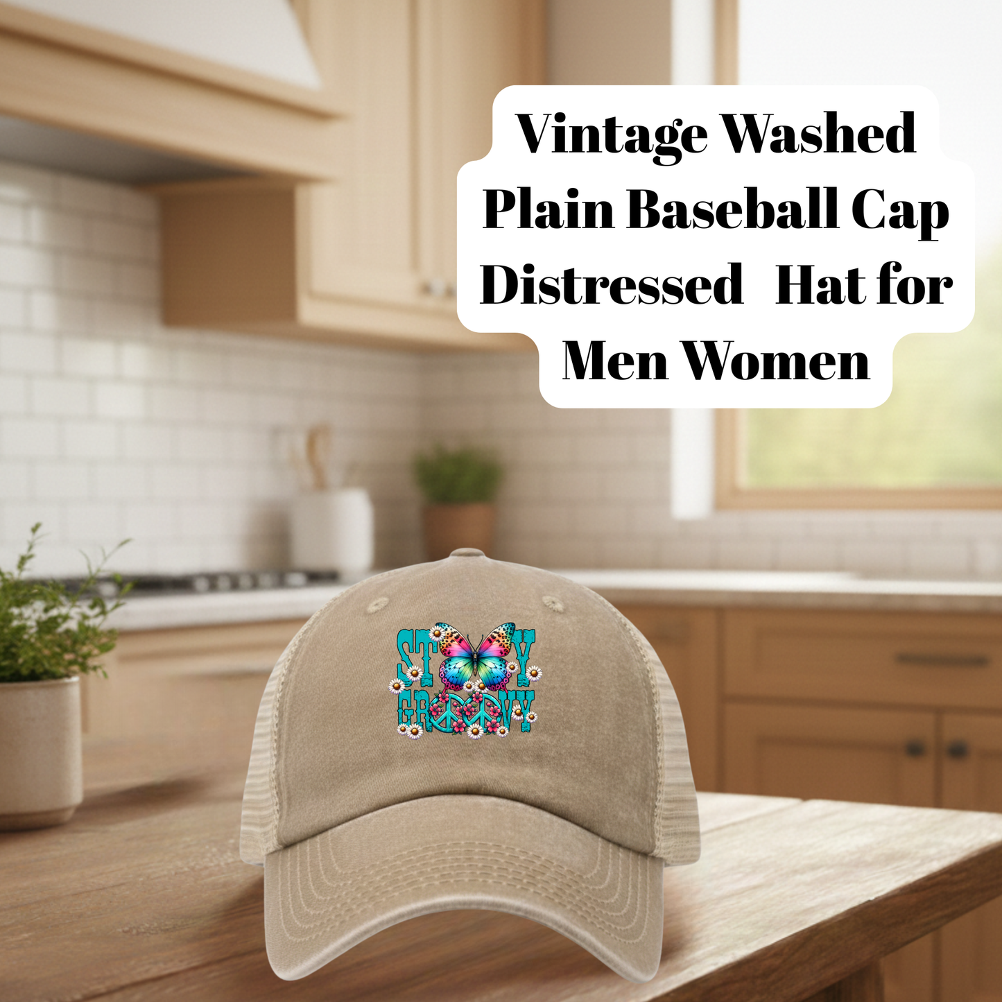Vintage Washed Distressed Baseball Cap Collection – Khaki Beige | Unisex 80% Polyester 20% Cotton Adjustable Mesh Back Hats with DTF Patch Designs – Stay Groovy, Love, and Peace Sunflower
