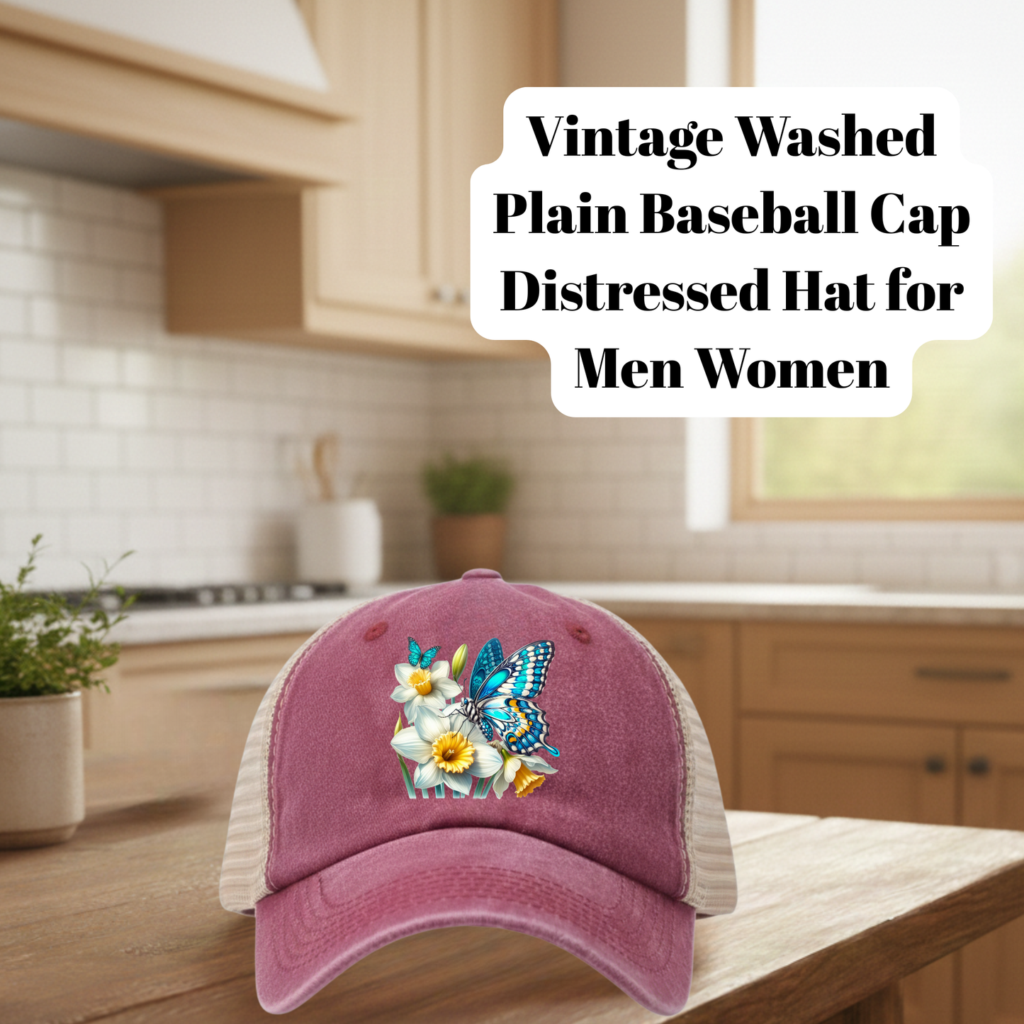 Rose Vintage Washed Distressed Butterfly Floral Baseball Cap – 80% Polyester, 20% Cotton Trucker Hat with DTF Patch