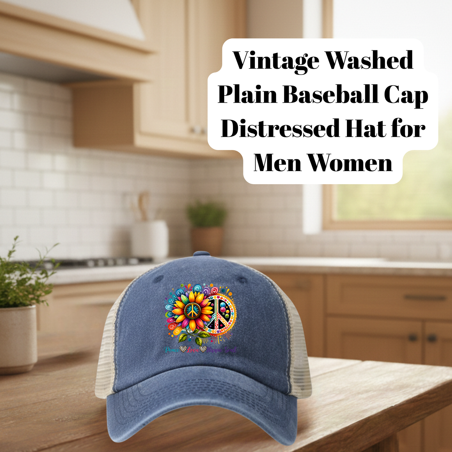 Vintage Washed Distressed Baseball Cap – Denim Blue | Unisex Adjustable Mesh Back Hat with “Stay Groovy” DTF Patch