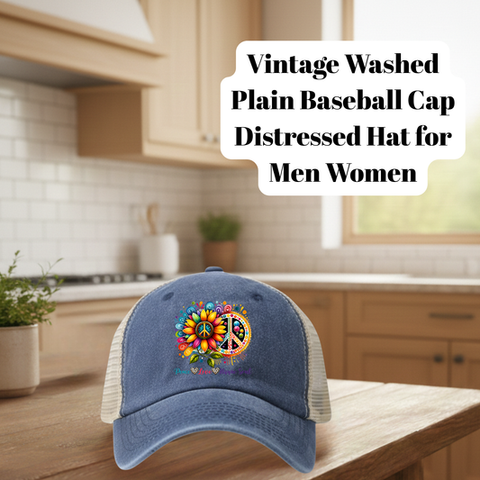 Vintage Washed Distressed Baseball Cap – Denim Blue | Unisex Adjustable Mesh Back Hat with “Stay Groovy” DTF Patch