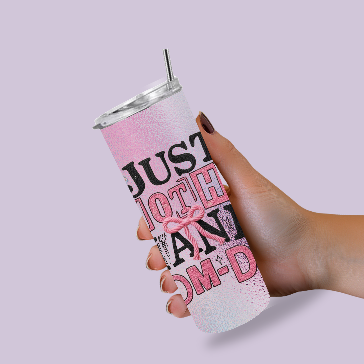 Just Another Manic Mom-Day 20oz Stainless Steel Skinny Tumbler with Lid & Straw – Pink Bow Design
