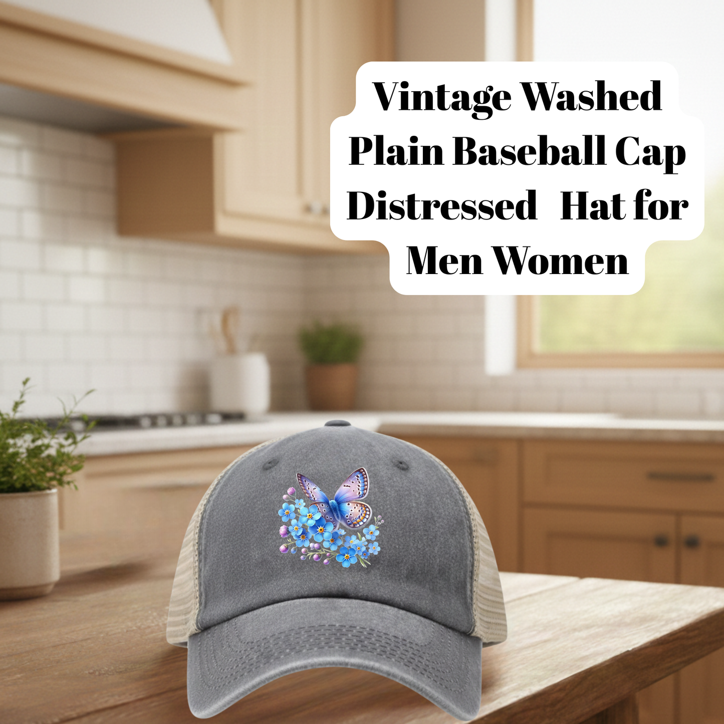 Vintage Washed Gray Distressed Butterfly Floral Baseball Cap – 80% Polyester, 20% Cotton Trucker Hat with DTF Patch for Men & Women