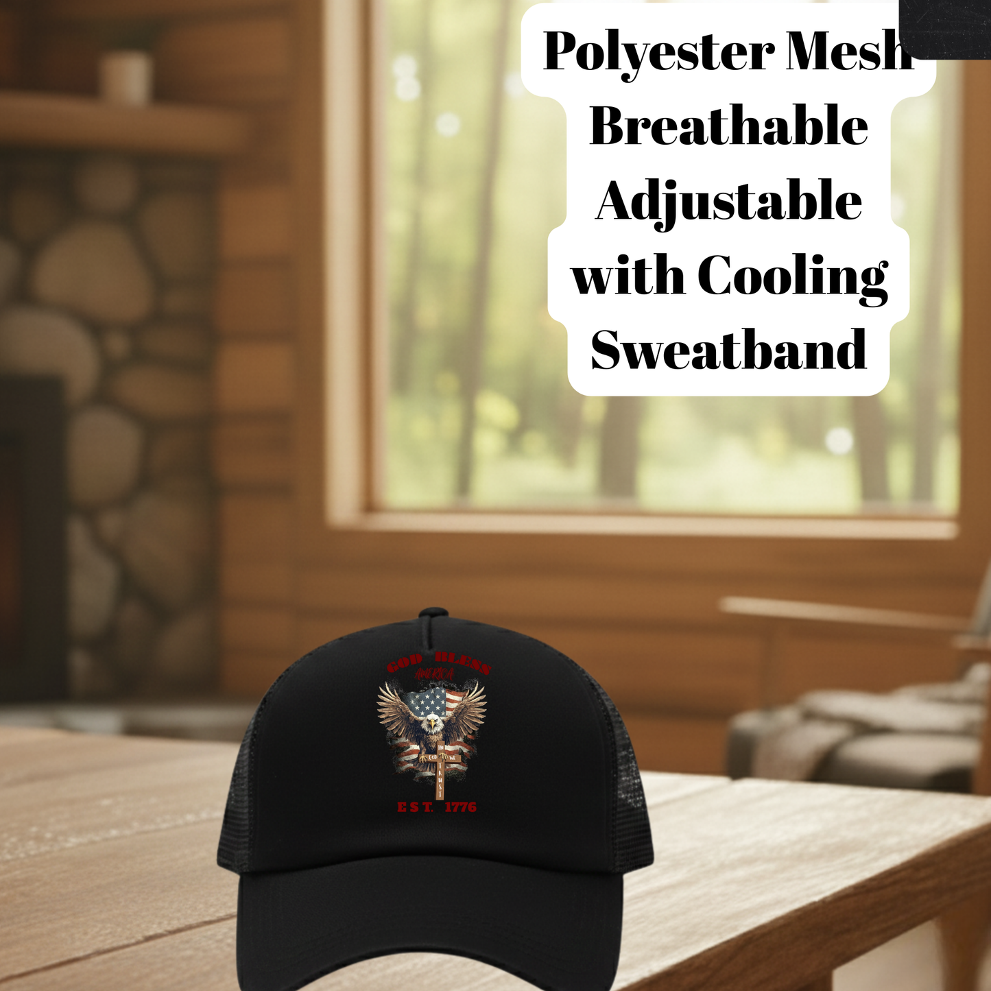 God Bless America Trucker Hat – Patriotic Bald Eagle & Cross Design with Adjustable Mesh Back