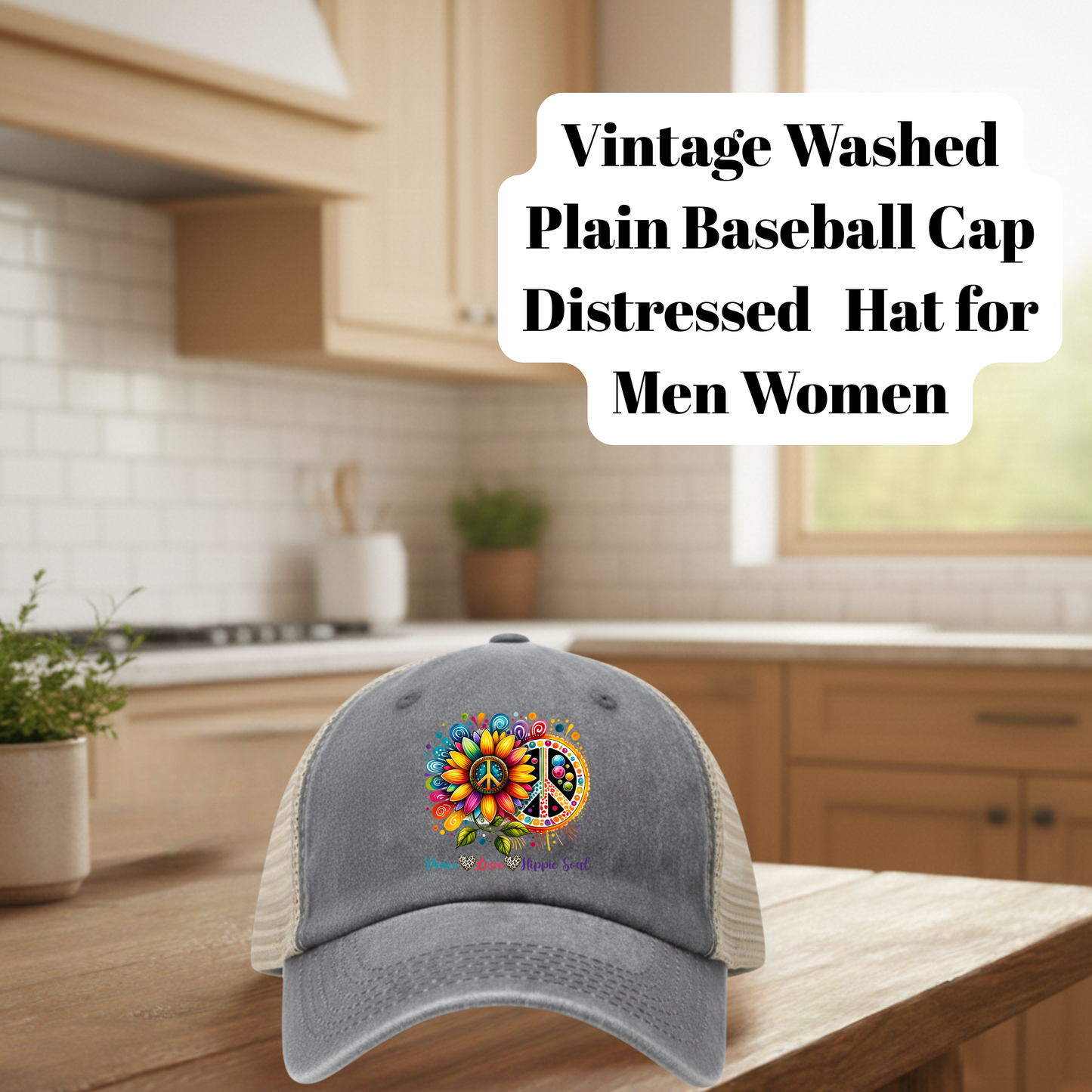 Vintage Washed Distressed Baseball Cap – Charcoal Gray | Unisex 80% Polyester 20% Cotton Adjustable Mesh Back Trucker Hat with Optional DTF Patch Designs – Stay Groovy, Love & Peace Sunflower