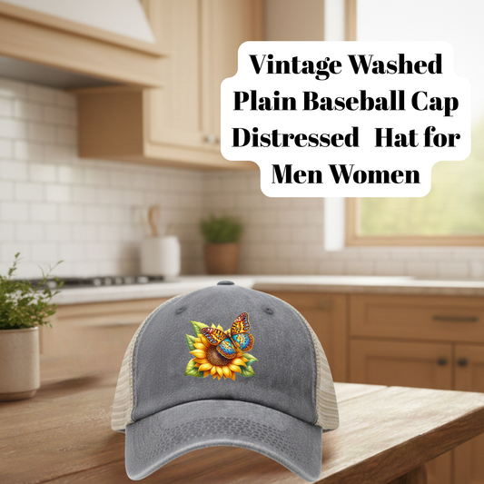 Vintage Washed Gray Distressed Butterfly Floral Baseball Cap – 80% Polyester, 20% Cotton Trucker Hat with DTF Patch for Men & Women