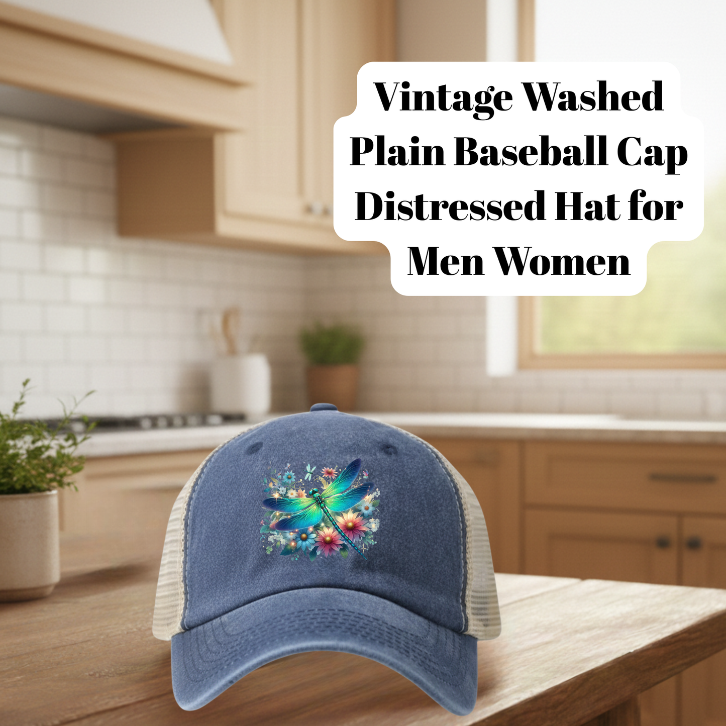 Vintage Blue Washed Dragonfly DTF Distressed Trucker Hat – Mesh Back Baseball Cap for Men & Women (80% Polyester / 20% Cotton)