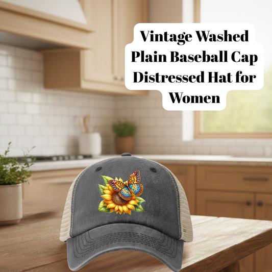 Vintage Washed Dark Gray Distressed Butterfly Floral Baseball Cap – 80% Polyester, 20% Cotton Adjustable Mesh Trucker Hat with DTF Patch