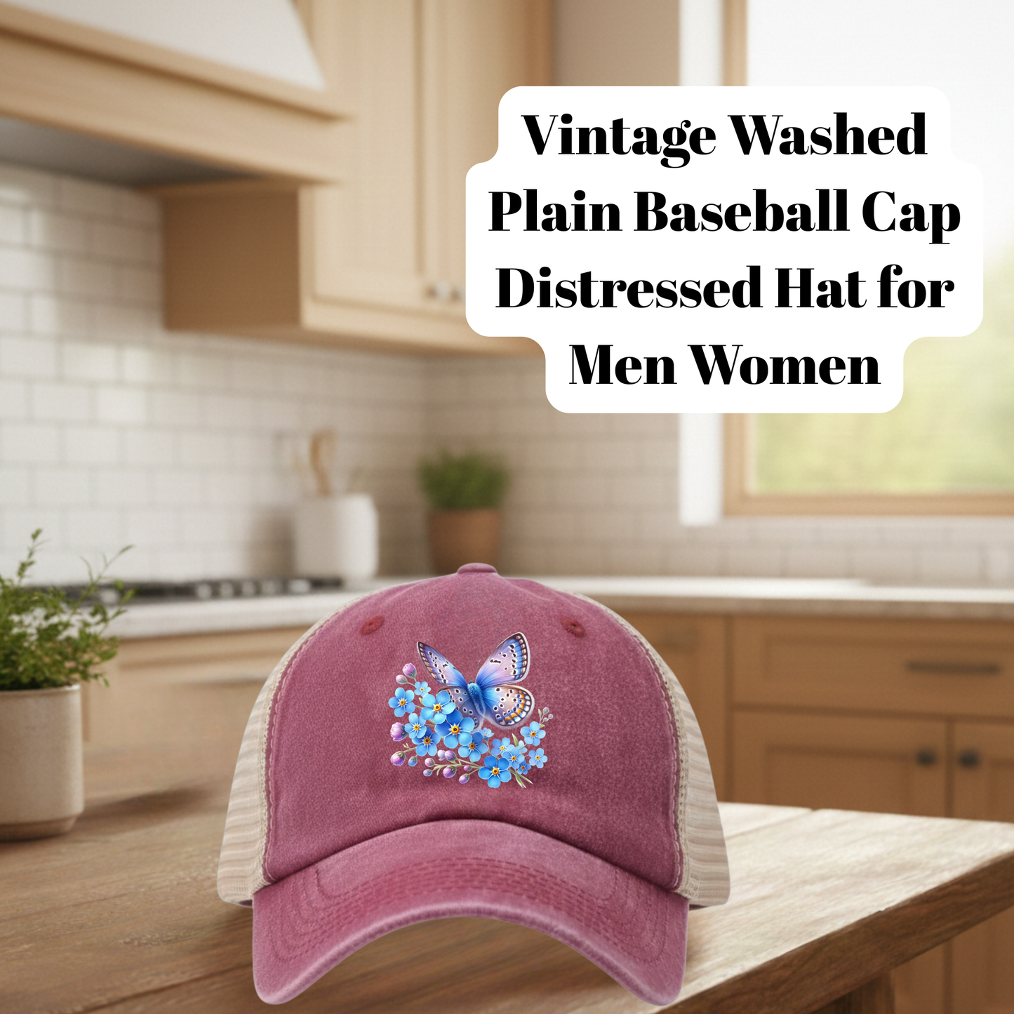 Rose Vintage Washed Distressed Butterfly Floral Baseball Cap – 80% Polyester, 20% Cotton Trucker Hat with DTF Patch