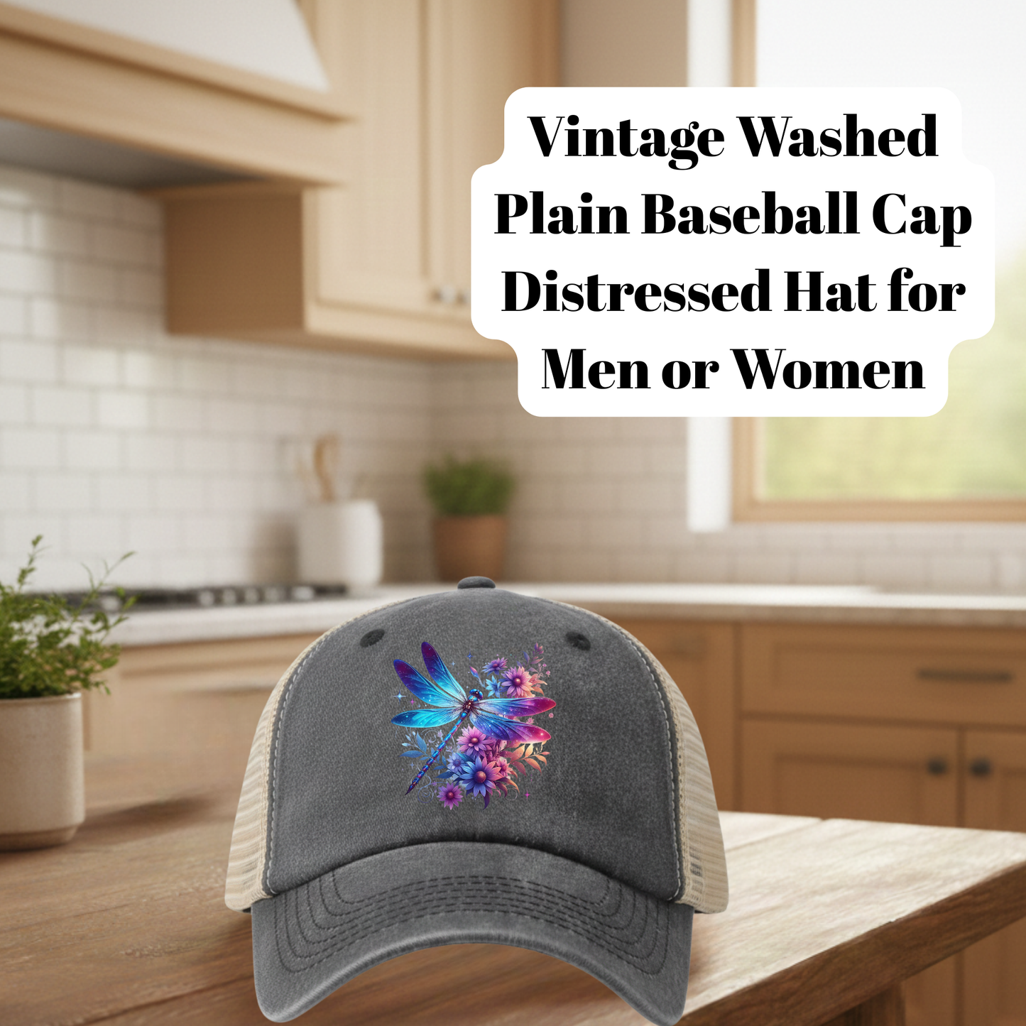 Vintage Dragonfly DTF Washed Trucker Hat – Distressed Mesh Back Baseball Cap for Men & Women (80% Polyester / 20% Cotton)
