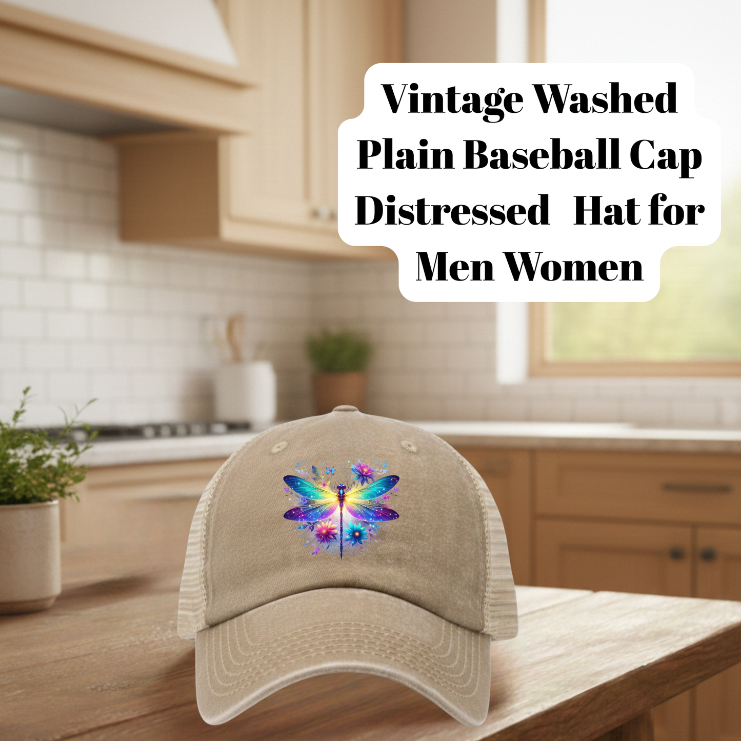 Vintage Dragonfly DTF Distressed Trucker Hat – 80% Polyester 20% Cotton Mesh Baseball Cap for Men & Women