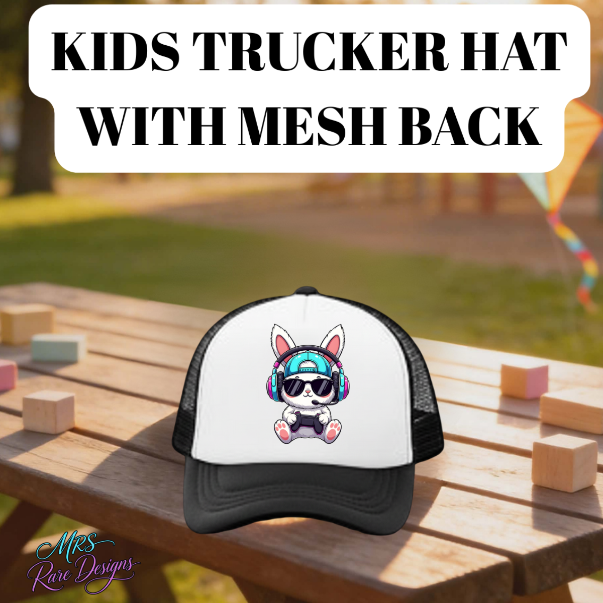 Cool Bunny Gamer Kids Trucker Hat – Mesh Snapback Cap (Multiple Colors)