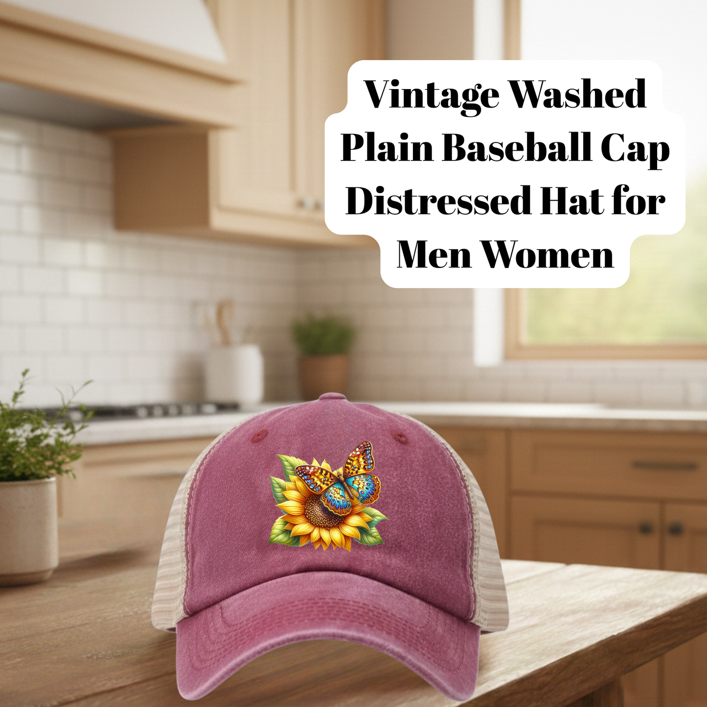 Rose Vintage Washed Distressed Butterfly Floral Baseball Cap – 80% Polyester, 20% Cotton Trucker Hat with DTF Patch