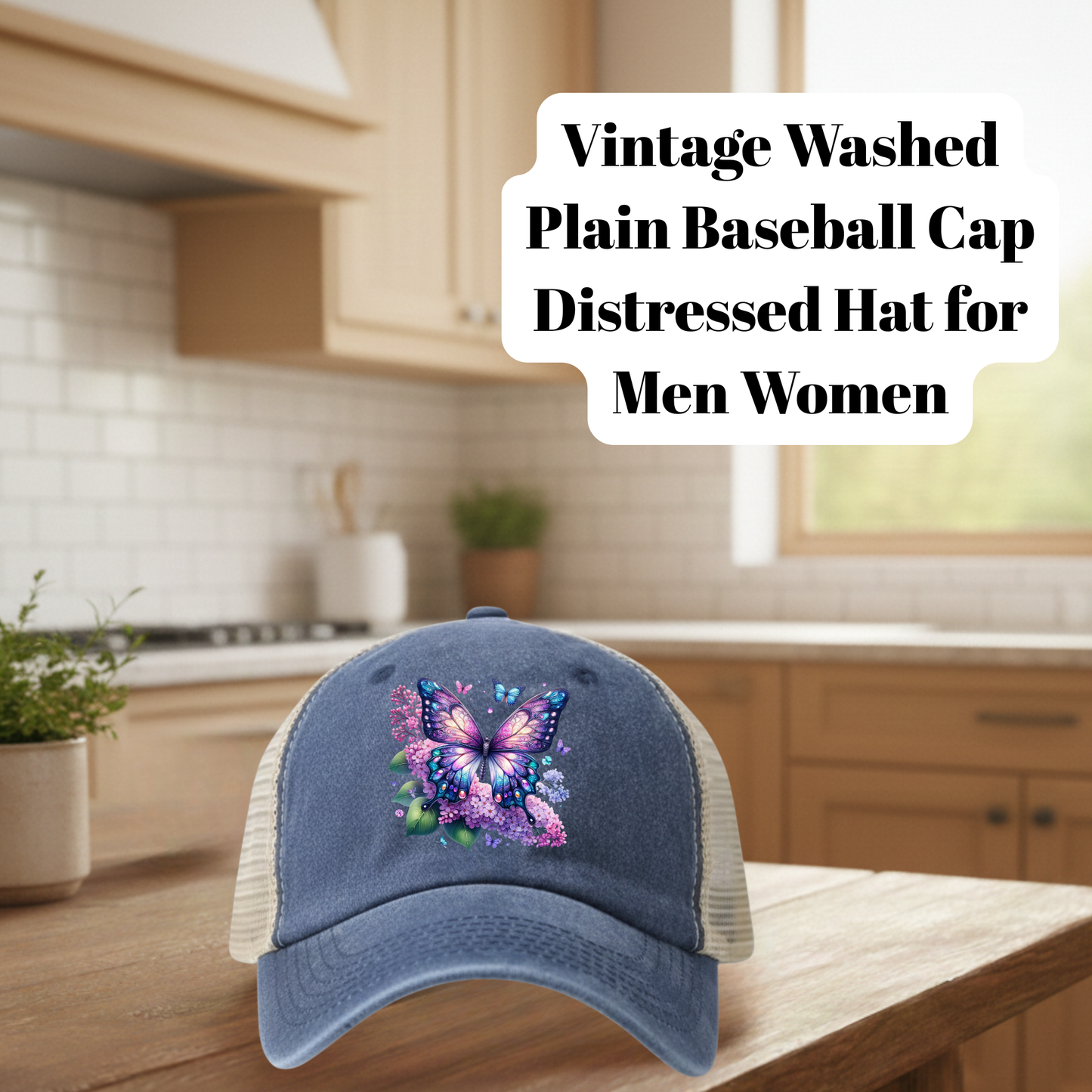 Vintage Washed Blue Distressed Butterfly Floral Baseball Cap – 80% Polyester 20% Cotton Trucker Hat with DTF Patch for Men & Women
