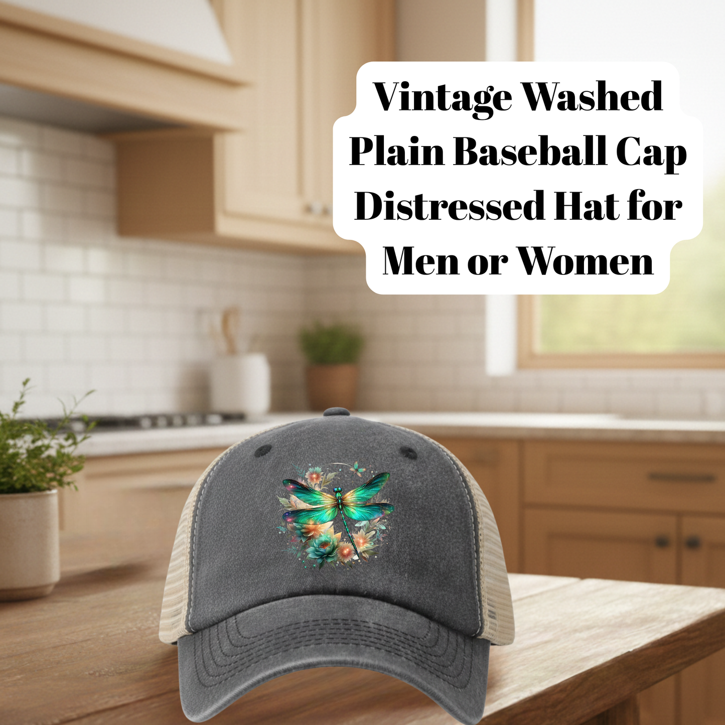 Vintage Dragonfly DTF Washed Trucker Hat – Distressed Mesh Back Baseball Cap for Men & Women (80% Polyester / 20% Cotton)
