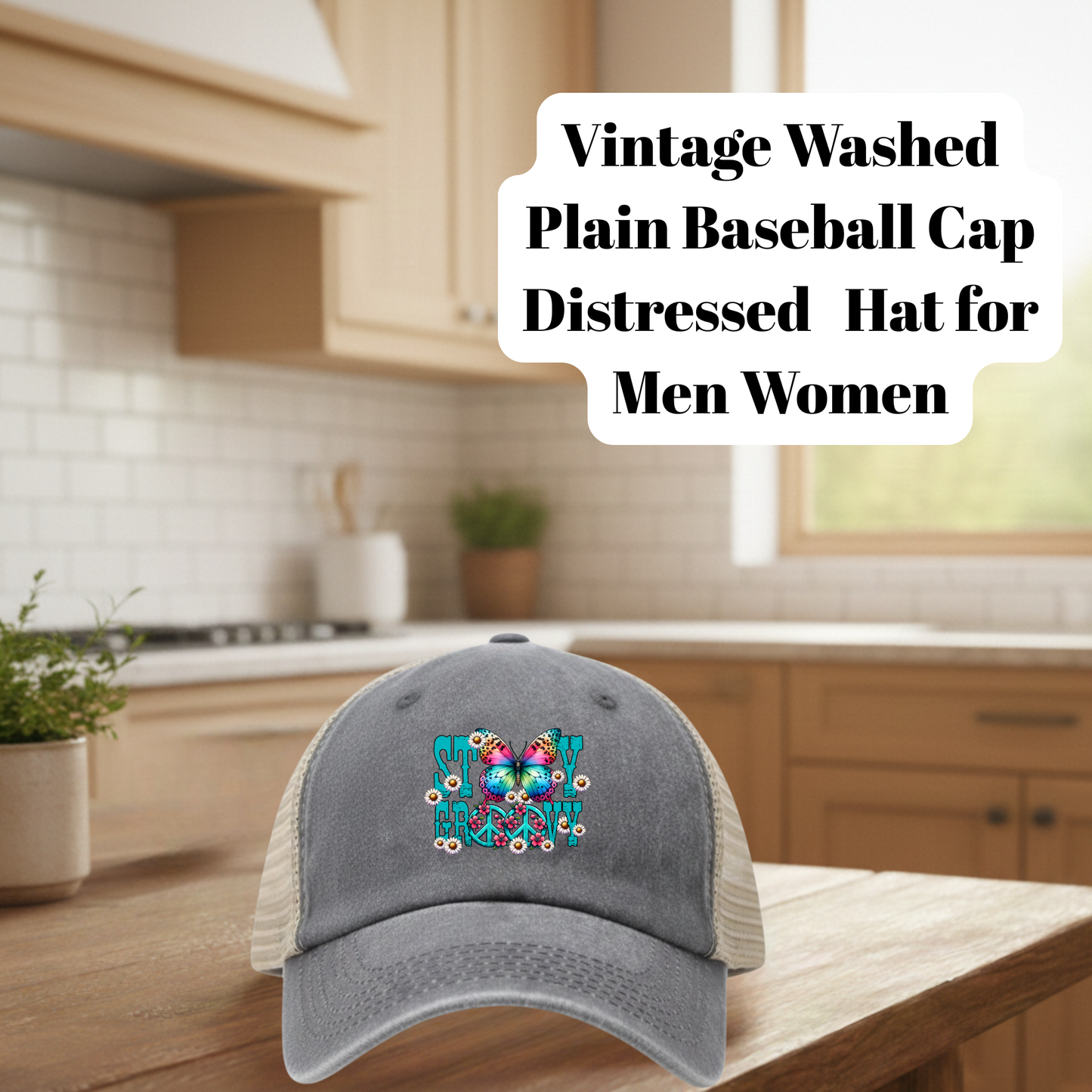 Vintage Washed Distressed Baseball Cap – Charcoal Gray | Unisex 80% Polyester 20% Cotton Adjustable Mesh Back Trucker Hat with Optional DTF Patch Designs – Stay Groovy, Love & Peace Sunflower