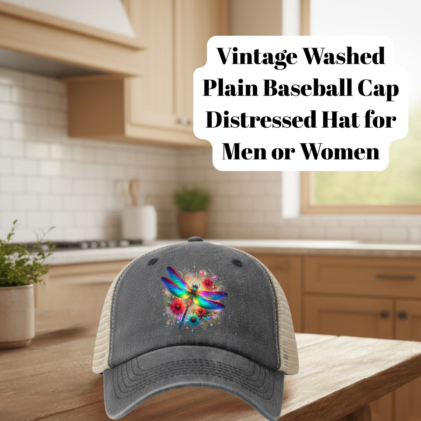 Vintage Dragonfly DTF Washed Trucker Hat – Distressed Mesh Back Baseball Cap for Men & Women (80% Polyester / 20% Cotton)