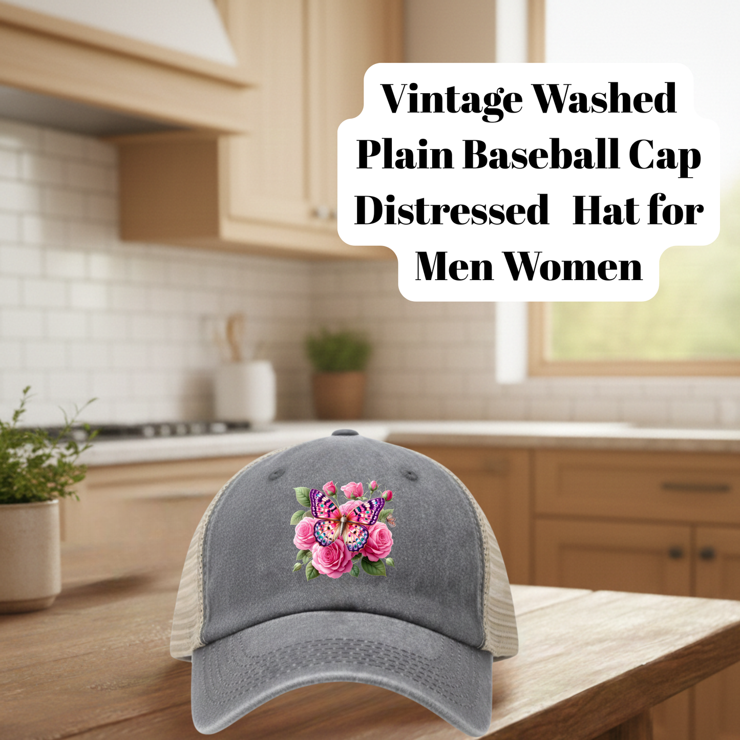 Vintage Washed Gray Distressed Butterfly Floral Baseball Cap – 80% Polyester, 20% Cotton Trucker Hat with DTF Patch for Men & Women
