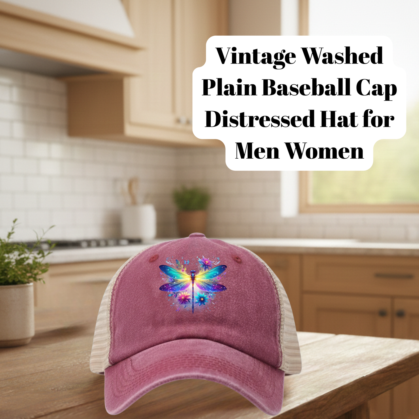 Vintage Dragonfly DTF Distressed Trucker Hat – Washed Pink Mesh Baseball Cap for Men & Women (80% Polyester / 20% Cotton)