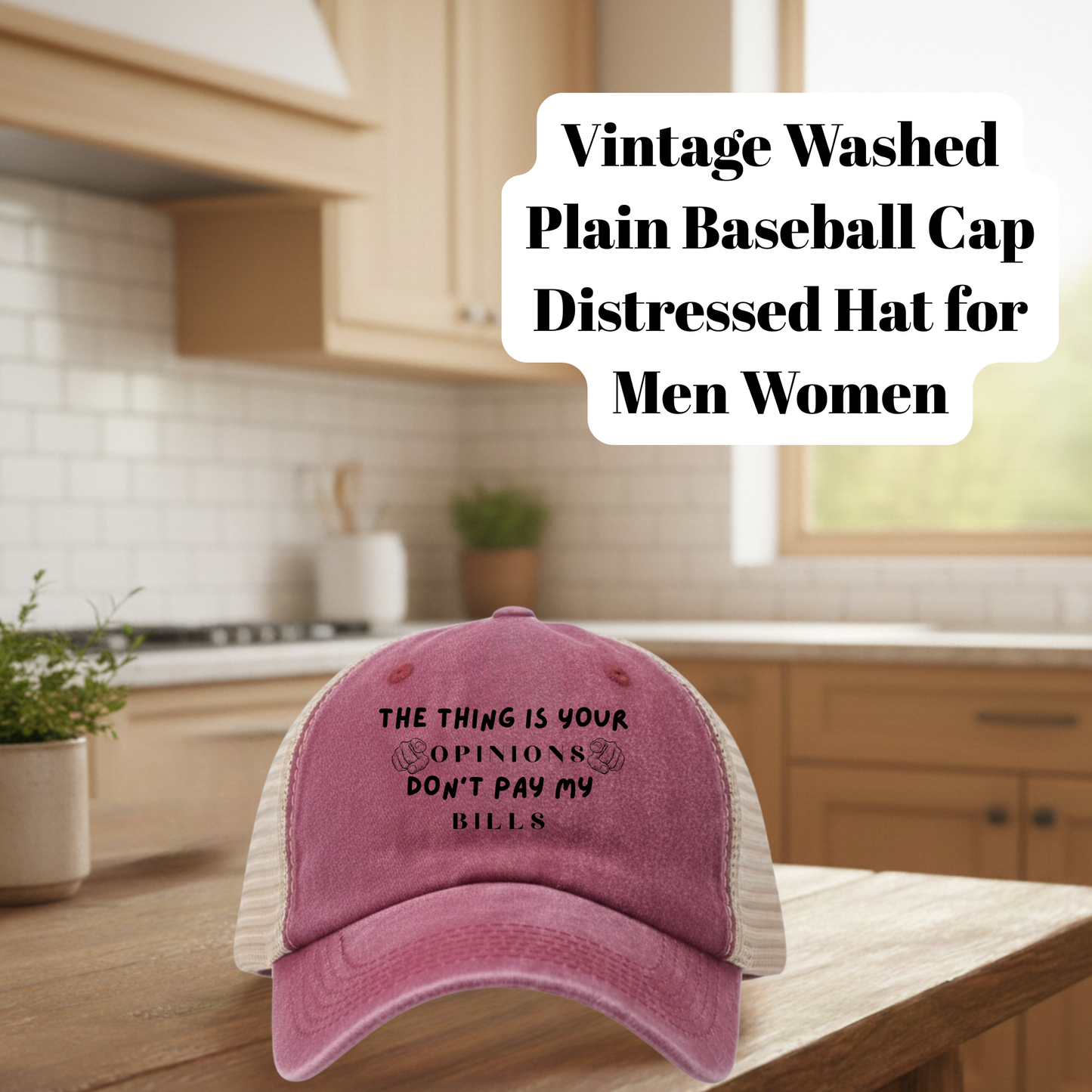 Vintage Washed Distressed Trucker Baseball Cap – ‘Your Opinions Don’t Pay My Bills’ Adjustable Hat for Men & Women