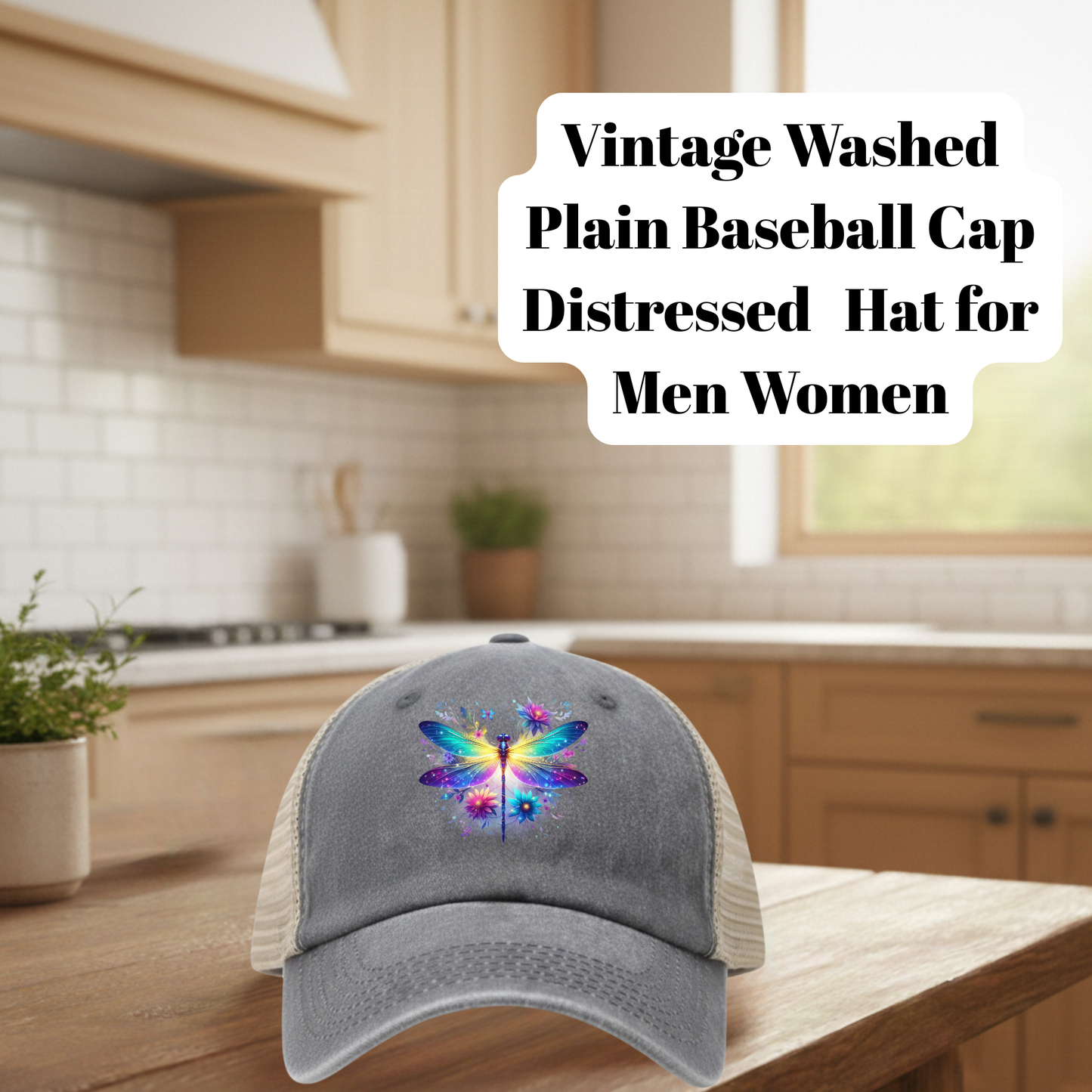 Vintage Dragonfly Floral Distressed Trucker Hat – 80% Polyester & 20% Cotton Mesh Baseball Cap