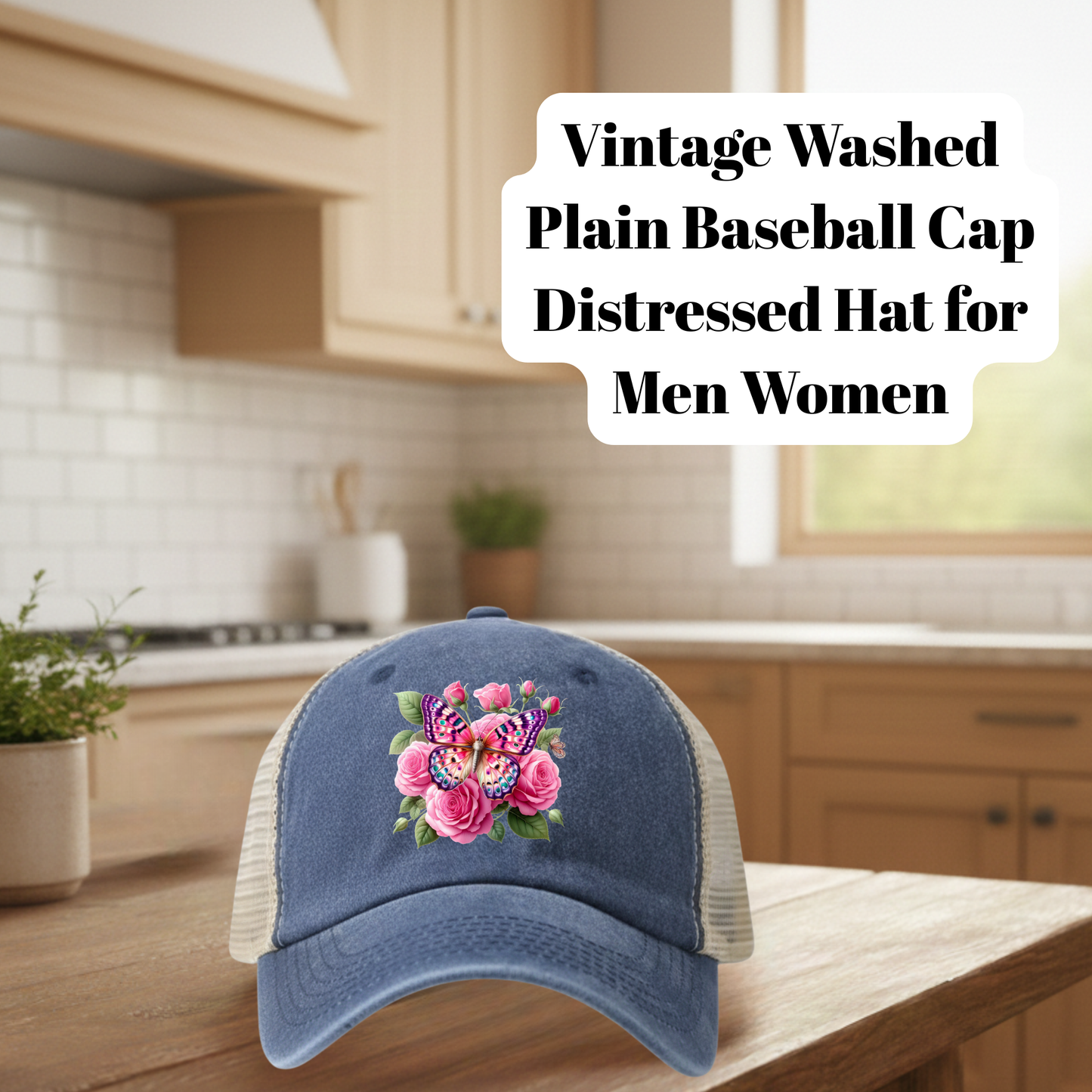 Vintage Washed Blue Distressed Butterfly Floral Baseball Cap – 80% Polyester 20% Cotton Trucker Hat with DTF Patch for Men & Women