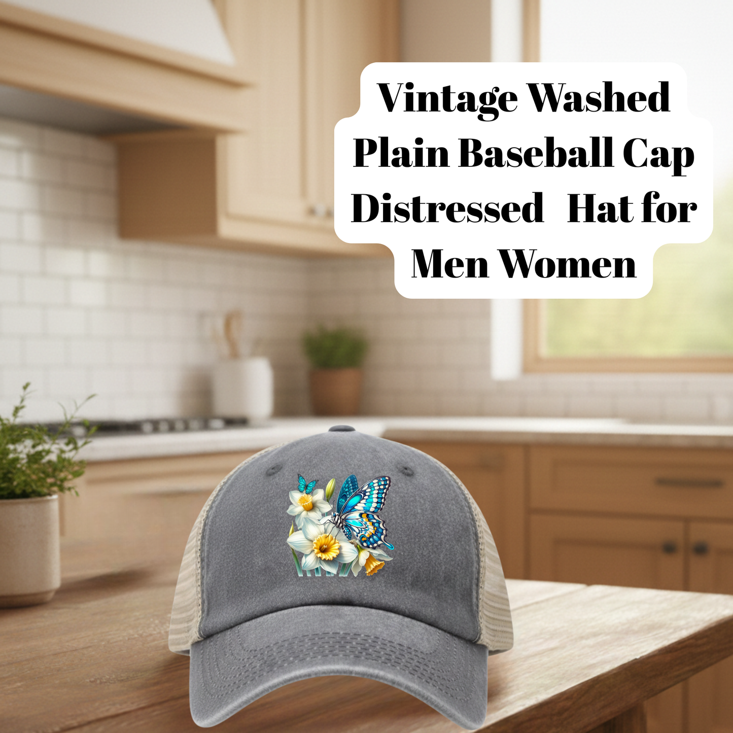 Vintage Washed Gray Distressed Butterfly Floral Baseball Cap – 80% Polyester, 20% Cotton Trucker Hat with DTF Patch for Men & Women
