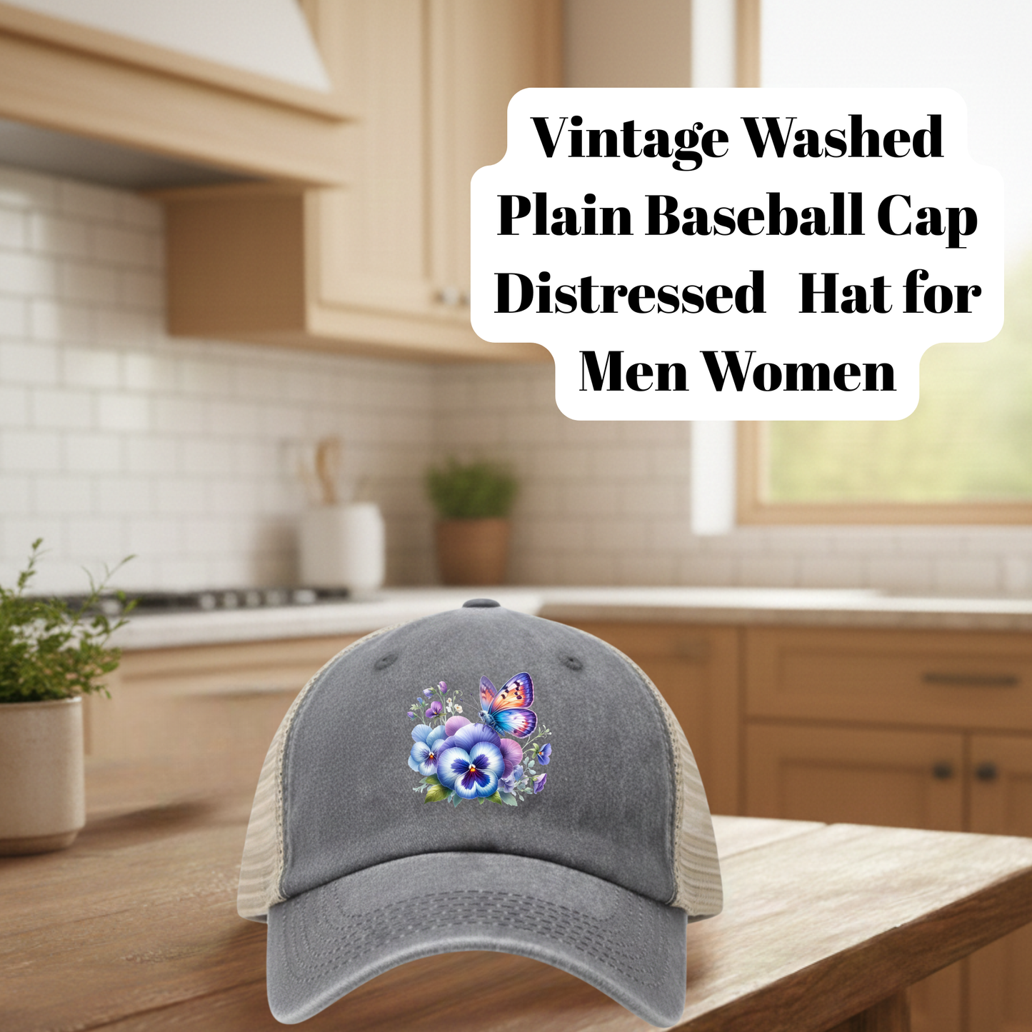 Vintage Washed Gray Distressed Butterfly Floral Baseball Cap – 80% Polyester, 20% Cotton Trucker Hat with DTF Patch for Men & Women