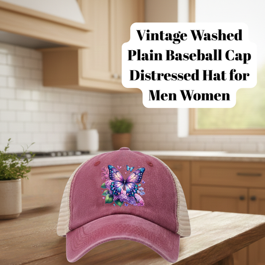 Rose Vintage Washed Distressed Butterfly Floral Baseball Cap – 80% Polyester, 20% Cotton Trucker Hat with DTF Patch