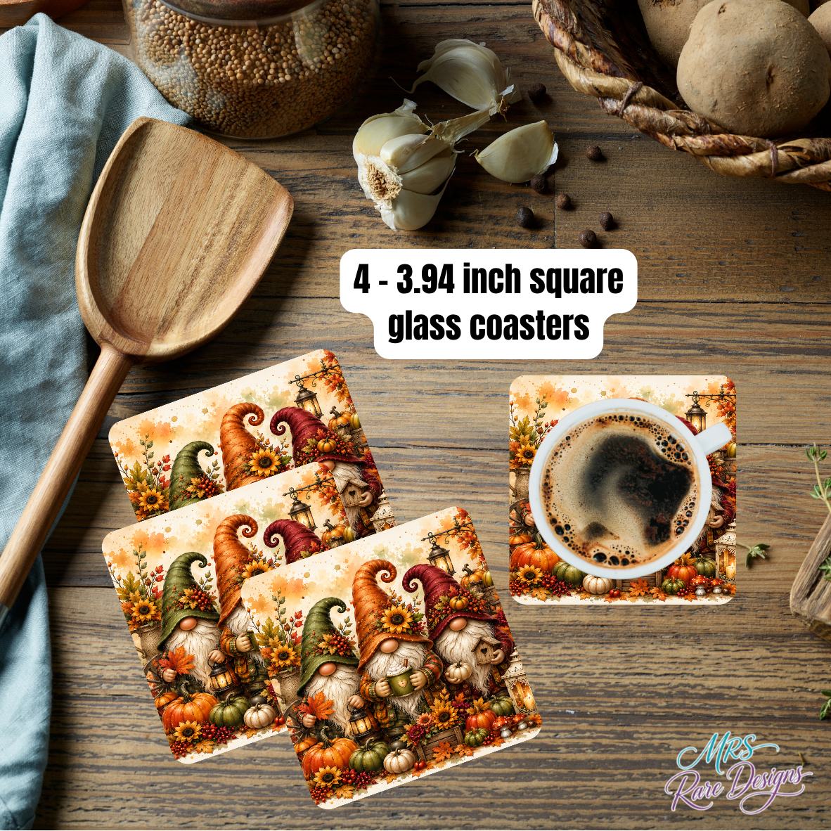 Cozy Harvest Autumn Gnomes Glass Coaster Set (Set of 4)