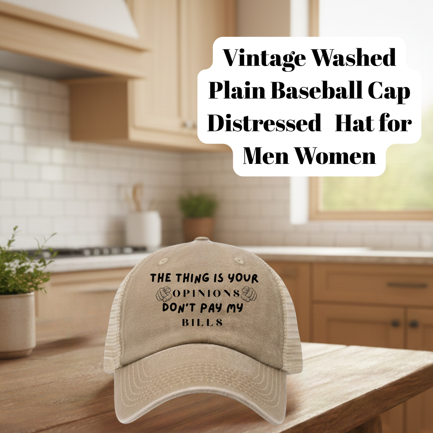 Vintage Washed Distressed Trucker Baseball Cap – ‘Your Opinions Don’t Pay My Bills’ Adjustable Hat for Men & Women