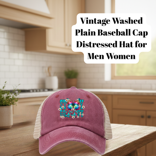 Vintage Washed Distressed Baseball Cap – Rose Wine | Unisex 80% Polyester 20% Cotton Adjustable Mesh Back Hat with DTF Patch Designs – Stay Groovy, Love & Peace Sunflower Collection