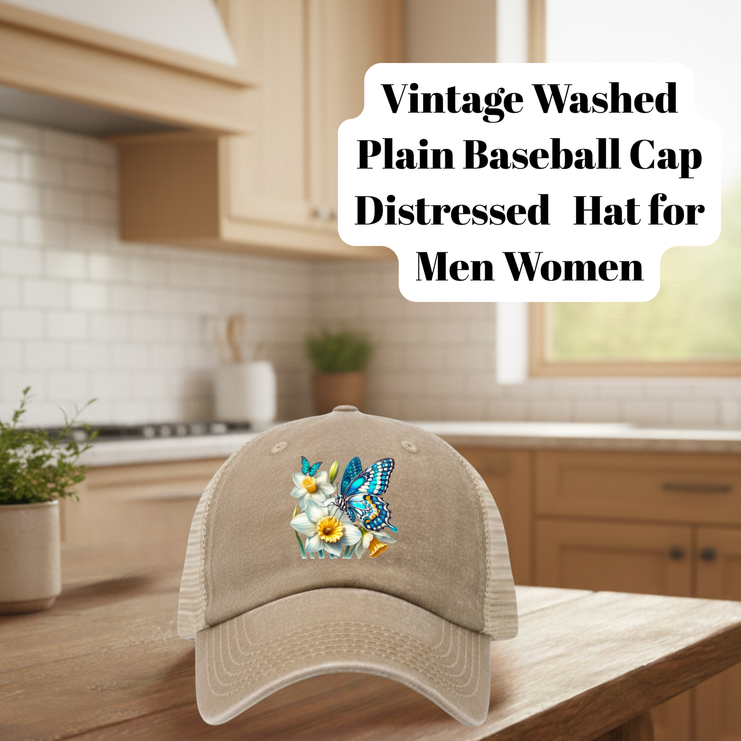 Tan Vintage Washed Distressed Butterfly Floral Baseball Cap – Mesh Trucker Hat for Men & Women (80% Polyester, 20% Cotton, DTF Patch)